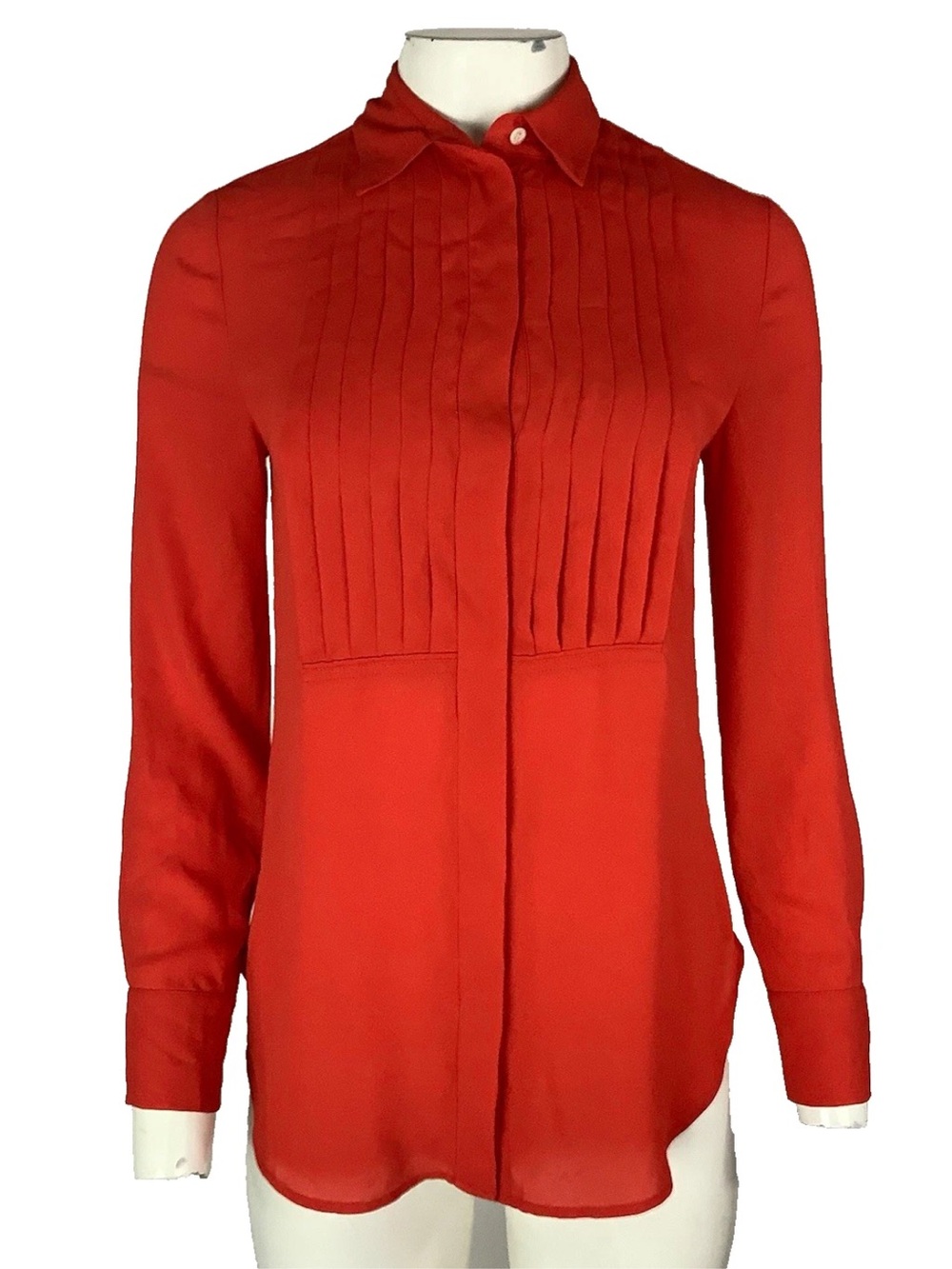 J.CREW Sz 0 Pleated Business Casual Button Up Long Sleeve Woven Blouse Red